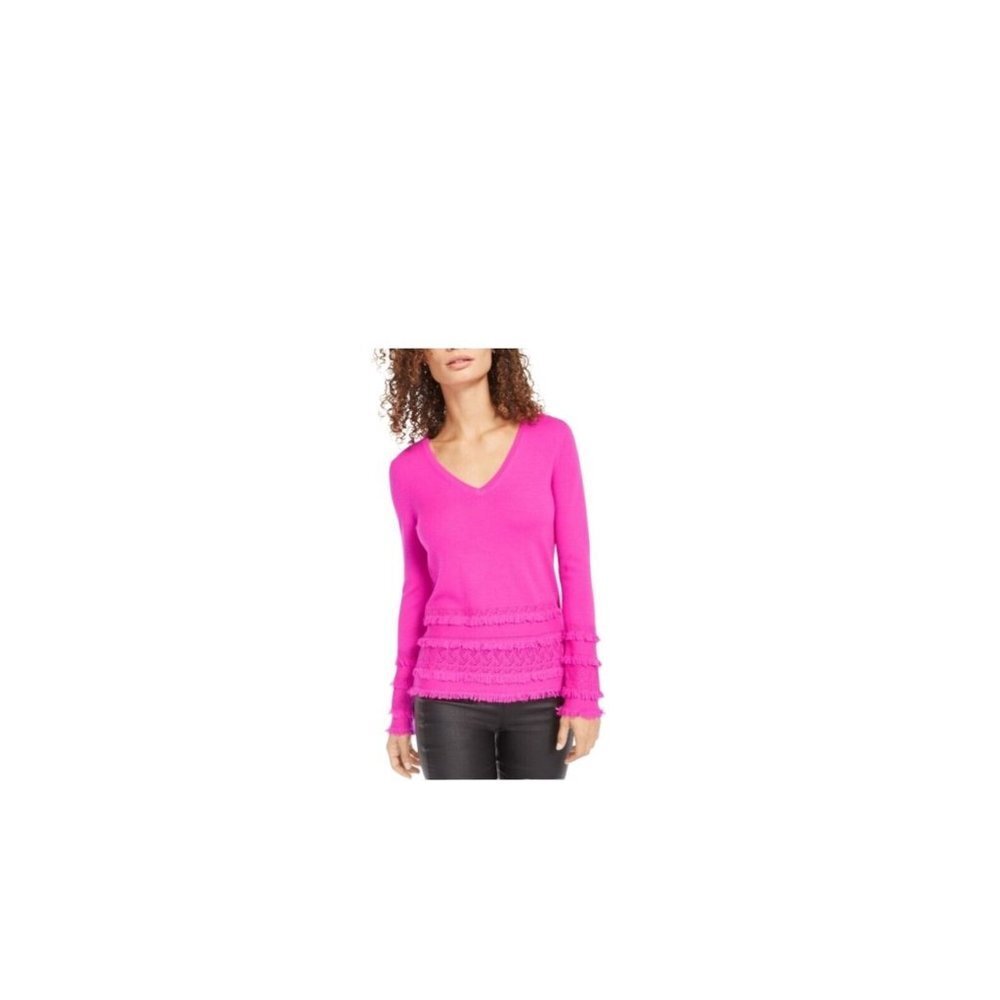 Trina Turk ‎ Womens Merino Wool Pointelle Fringe-Trim Sweater Pink SZ XS